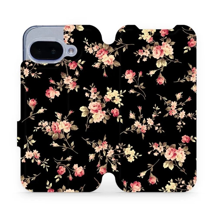 Husa flip Mobiwear pentru Google Pixel 9A, design flori pe fundal negru, rezistenta la socuri si zgarieturi, dimensiuni 10x15x22cm