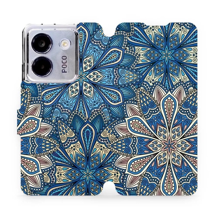 Husa flip Mobiwear pentru Xiaomi POCO M7 Pro 5G, design flori, albastra, material ecologic, set 1 husa