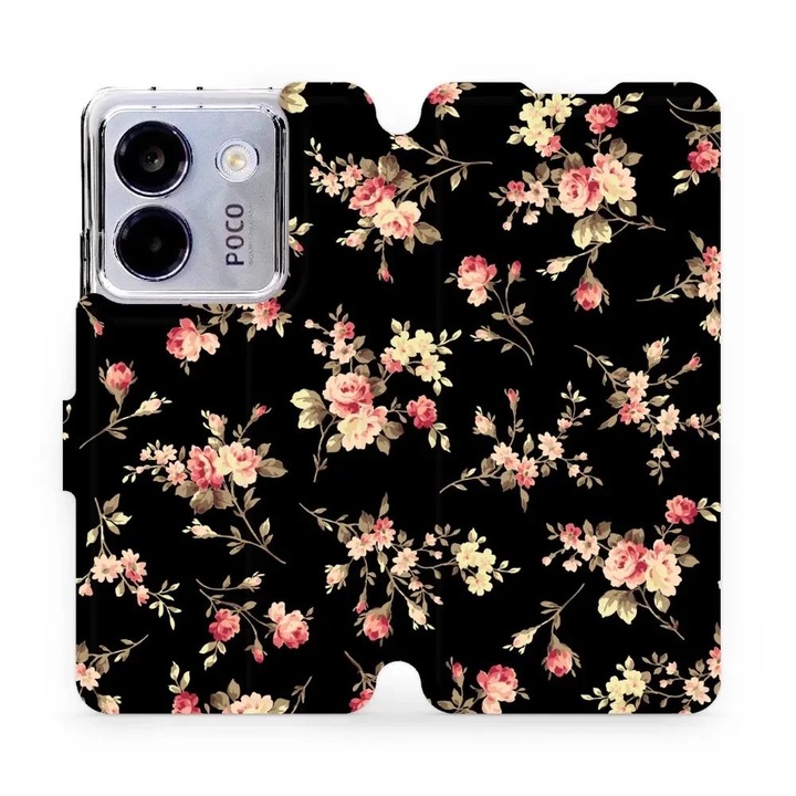 Husa flip Mobiwear pentru Xiaomi POCO M7 Pro 5G, design flori pe fundal negru, rezistent la socuri si zgarieturi, multicolor