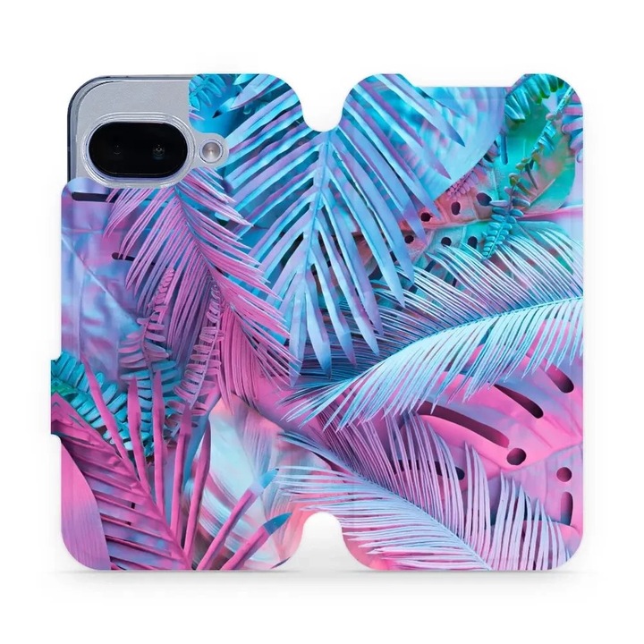 Husa flip Mobiwear pentru Google Pixel 9A, design flori, violet, material ecologic, set 1 husa