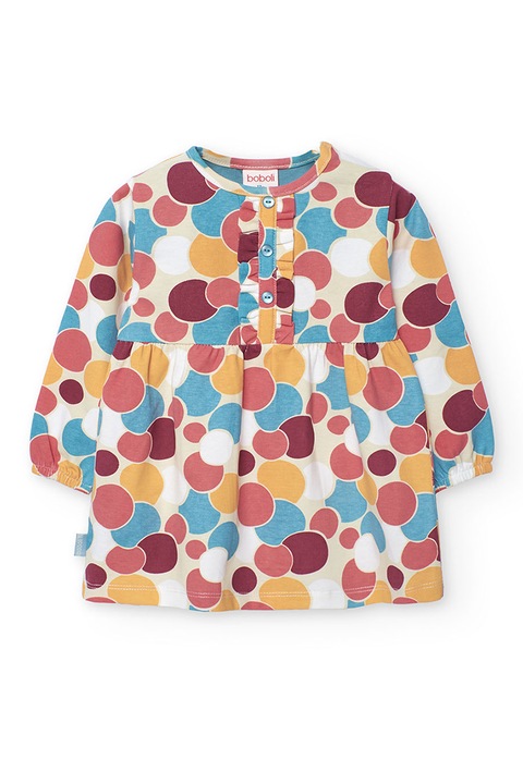 boboli, Rochie evazata cu fenta cu nasturi si model, Rosu/Galben/Albastru