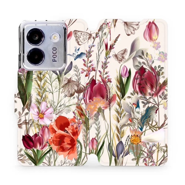 Husa flip Mobiwear pentru Xiaomi POCO M7 Pro 5G, design floral, rezistent la socuri, multicolor
