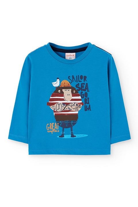 boboli, Bluza din bumbac cu model grafic si imprimeu text, Rosu/Maro/Albastru, 116 CM