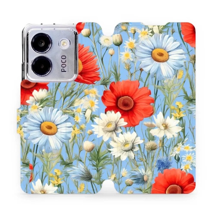 Husa flip Mobiwear pentru Xiaomi POCO M7 Pro 5G, design floral, rezistenta la socuri si zgarieturi, multicolor