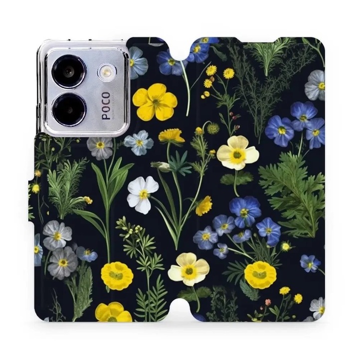 Husa flip Mobiwear pentru Xiaomi POCO M7 Pro 5G, design cu flori, neagra, material din piele ecologica, set 1 husa