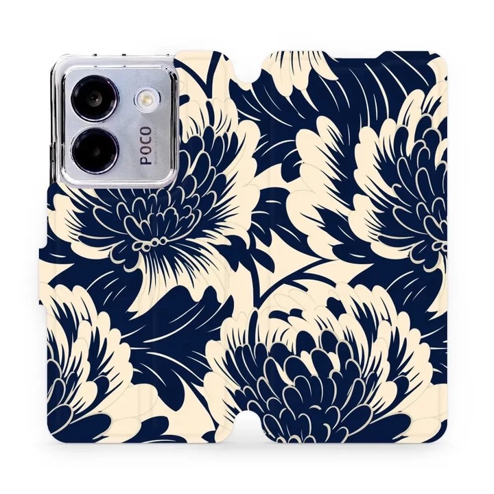 Husa flip Mobiwear pentru Xiaomi POCO M7 Pro 5G, design floral, albastru, material ecologic