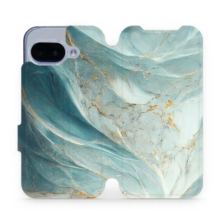 Husa flip Mobiwear pentru Google Pixel 9A, marmorata verde si aurie, rezistenta la socuri si zgarieturi, material din piele ecologica