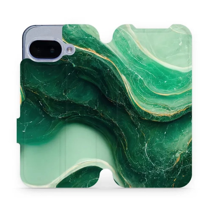 Husa flip Mobiwear pentru Google Pixel 9A, mramor verde, rezistenta la socuri si zgarieturi, material din piele ecologica