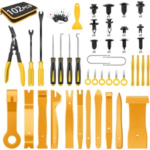 Set scule de demontat panouri auto, Excitat®, 102 piese, ABS, 12 dimensiuni universale, cu cleme si parghii, 24x32x7 cm, 1.3 kg, Galben