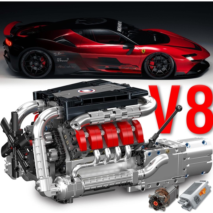 Set constructie motor V8, Excitat®, 4 viteze, 1169 piese, cu motor electric, Technic model STEM educational, compatibile cu lego, 1.2kg, Negru