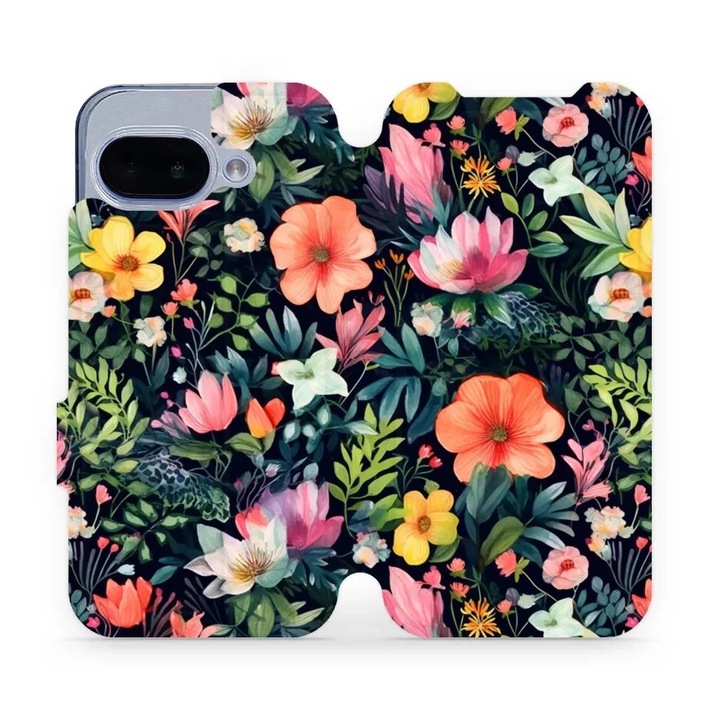 Husa flip Mobiwear pentru Google Pixel 9A, design cu flori, rezistenta la socuri si zgarieturi, multicolor