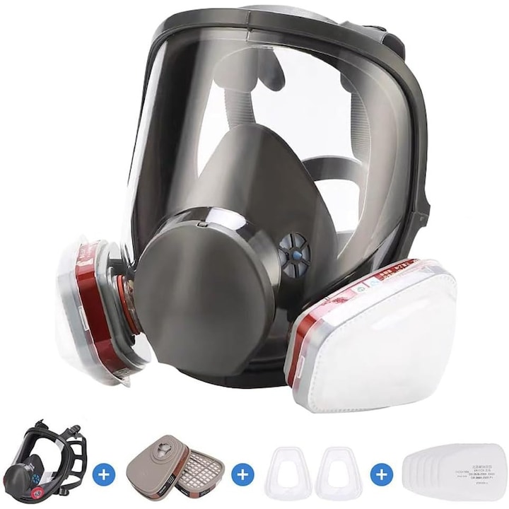 Masca de gaz, Masca de protective respiratorie, cu filter dublu, silicon alimentar, pentru vopsire, lustruire mecanica, taiere, sudare, impotriva prafului, patarea, slefuirea si taierea, 10 x Filtru bumbac