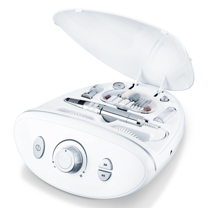Statie Electrica Profesionala Pentru Manichiura/Pedichiura Beurer Mp 100, 10 Accesorii Din Safir Si Fetru, Capac De Protectie Impotriva Prafului Pentru Unghii, Pana La 20.000 De Rotatii Pe Minut, Set De 41 De Piese