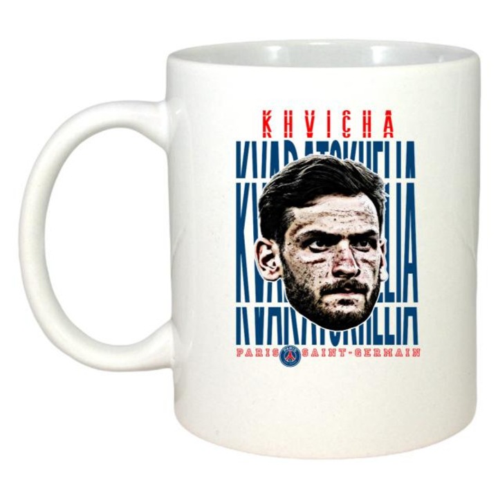 Cana cu fotbalistul Khvicha Kvaratskhelia-SSC Napoli, Cri-Flo, Ceramica, 330ml. Maner si interior Alb