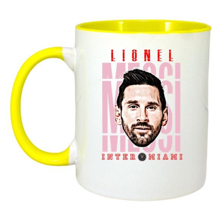 Cana cu fotbalistul Lionel Andrs Messi Cuccittini-Inter Miami CF, Cri-Flo, Ceramica, 330ml. Maner si interior Galben