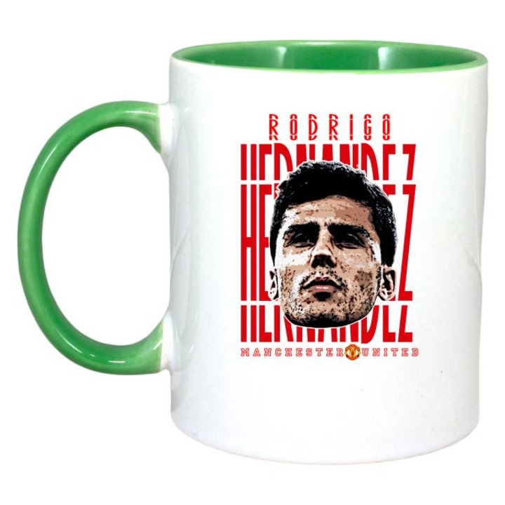 Cana cu fotbalistul Rodrigo Hernindez Cascante-Manchester City, Cri-Flo, Ceramica, 330ml. Maner si interior Verde