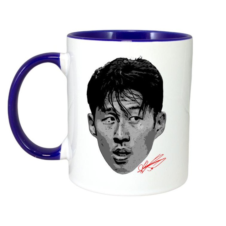 Cana cu fotbalistul Son Heung-min-Tottenham Hotspur, Cri-Flo, Ceramica, 330ml. Maner si interior Albastru