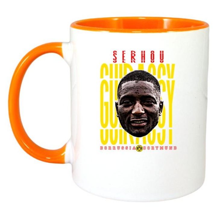 Cana cu fotbalistul Serhou Yadaly Guirassy-Borussia Dortmund, Cri-Flo, Ceramica, 330ml. Maner si interior Portocaliu