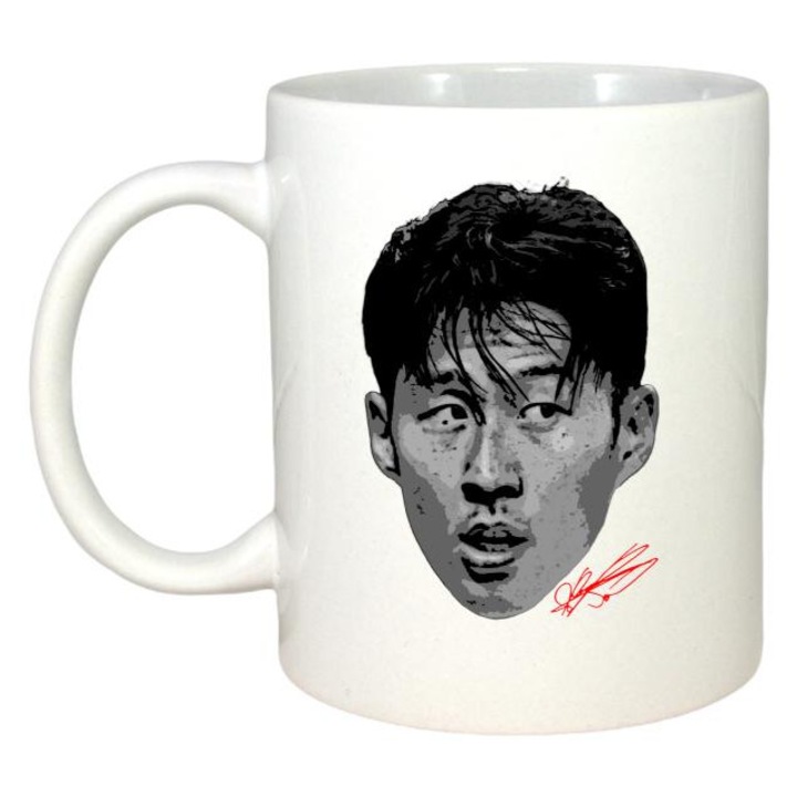 Cana cu fotbalistul Son Heung-min-Tottenham Hotspur, Cri-Flo, Ceramica, 330ml. Maner si interior Alb