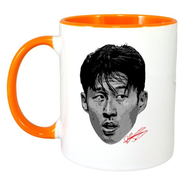 Cana cu fotbalistul Son Heung-min-Tottenham Hotspur, Cri-Flo, Ceramica, 330ml. Maner si interior Portocaliu