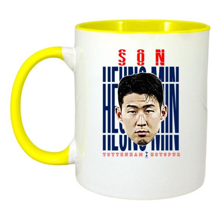 Cana cu fotbalistul Son Heung-min-Tottenham Hotspur, Cri-Flo, Ceramica, 330ml. Maner si interior Galben