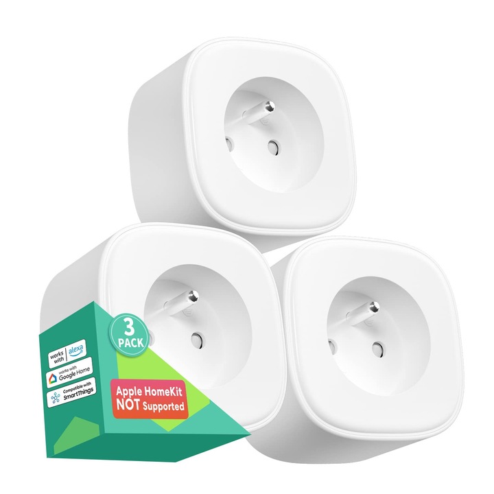 Priza Inteligenta Meross Wi-Fi (Tip E), Compatibila Cu Alexa, Google Home Si Smartthings, Pachet De 3, Priza Franceza, Programabila, Cu Telecomanda