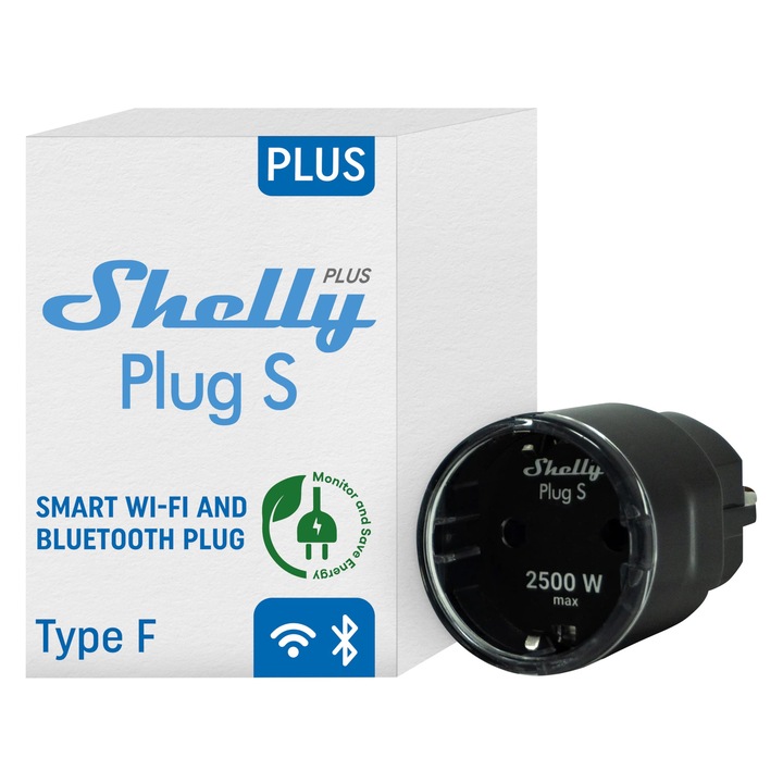 Shelly Plus Plug S - Интелигентен контакт, работи с Alexa и Google Home, програмируем с гласов контрол, Bluetooth и Wi-Fi устройство за автоматизация на устройства, измерване на енергия, черен