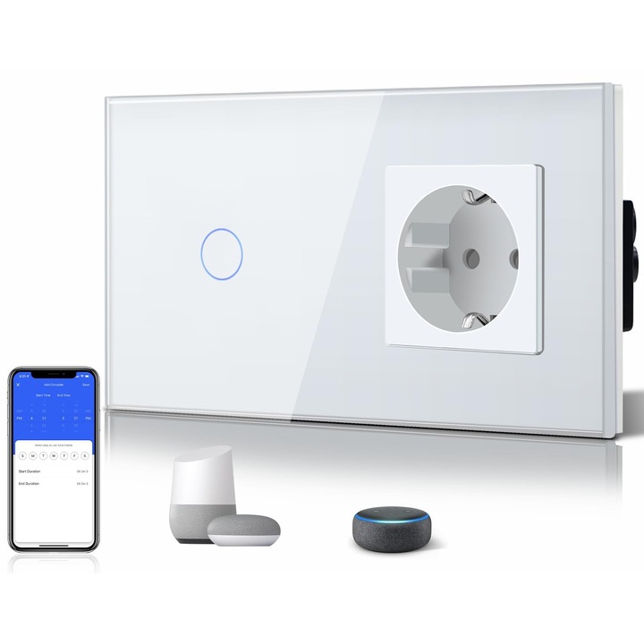 Стандартен контакт Schuko Bseed с интелигентен превключвател Alexa, 16A стъклен Wifi сензорен стенен превключвател, съвместим с Alexa и Google Home, 1 канал, 1 позиция, бял (необходим е неутрален проводник), бял