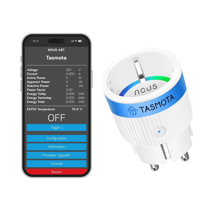 Контакт Tasmota Nous A8T, Най-малкият смарт Wifi контакт Esp32, 10A мини Wifi контакт с измервател на консумация на енергия, таймер, съвместим с Alexa, Google Home Assistant, Mqtt, 2.4G