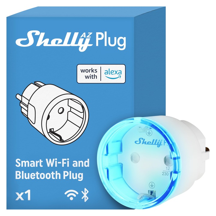 Shelly Az Plug бял, интелигентен контакт, захранван от Wi-Fi и Bluetooth, измерване на енергия, 12 A, 2500 W, настройка без разочарование, съвместим с Alexa, не е необходим Hub, наблюдение на устройството, дистанционно управление
