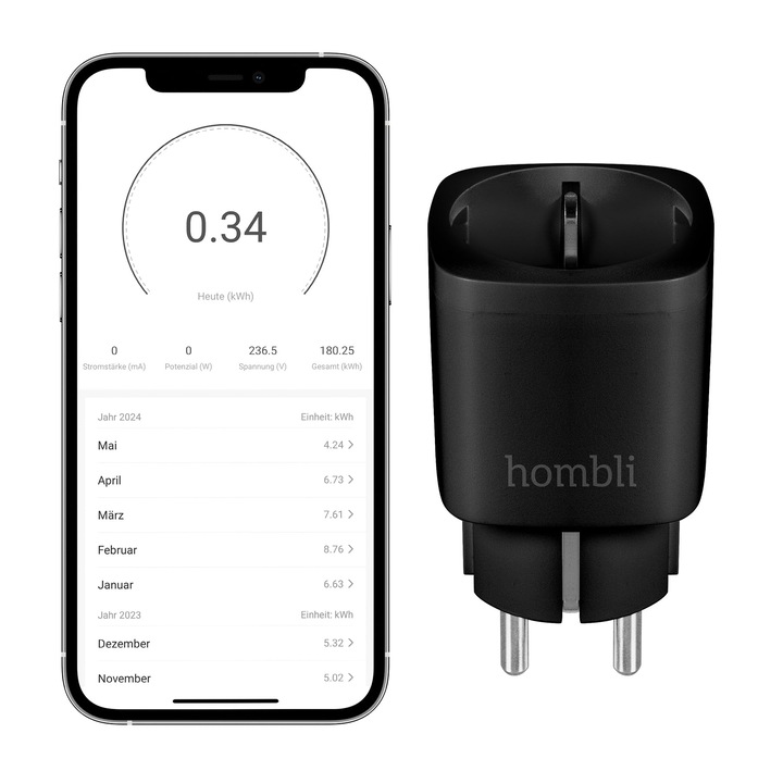 Програмируем интелигентен контакт Hombli с Wi-Fi за автоматизация на устройства и измерване на енергия, съвместим с Amazon Alexa и Google, дистанционно управление чрез безплатно приложение Hombli, черен
