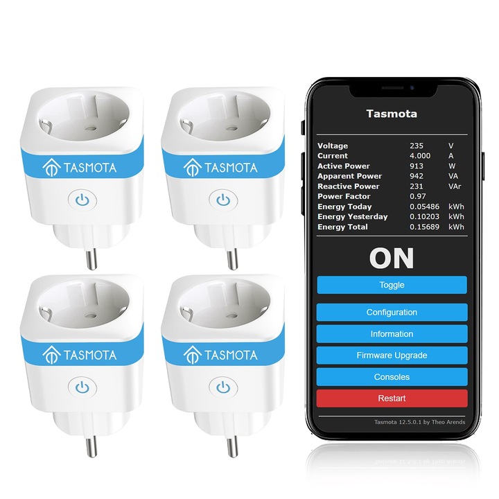 Контакт Tasmota с електромер, Eightree Alexa Wifi интелигентен контакт, умен дом, Esp8685 с домашен асистент, Mqtt, Domoticz, Openhab, Iobroker, 16A, само Wifi 2.4Ghz, 4 бр.
