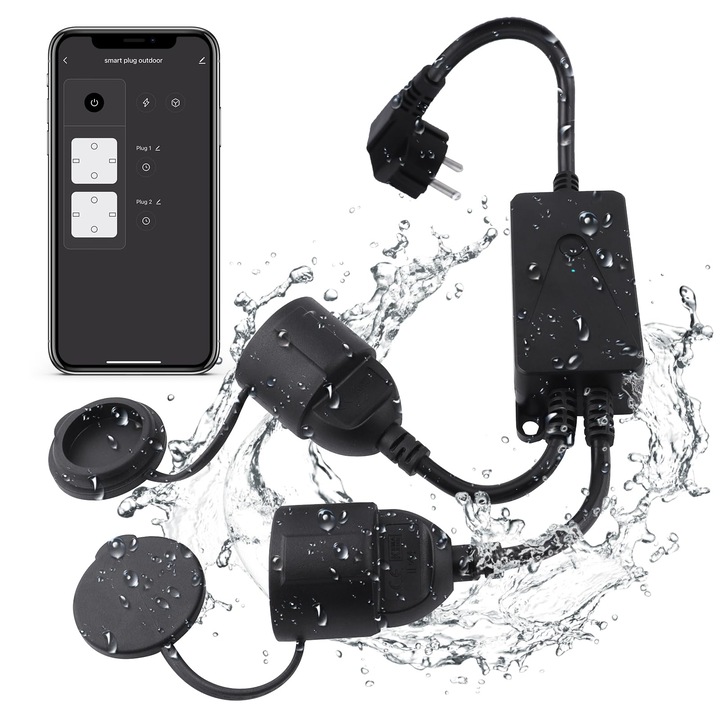Умен контакт Antela Wifi, IP44, Водоустойчив, С електромер, 2 контакта, Alexa, Google Home, 16A, Приложение Smart Life