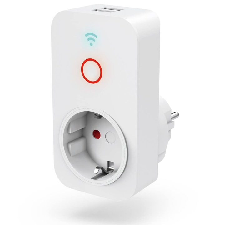 Hama Wifi контакт с 2X USB A (Умен домашен контакт за устройства до 2300 W и USB 2.1 A за смартфони, таблети, WLAN контакт за гласово управление с Alexa, Google, Siri, управление чрез приложение, 10 A) бял
