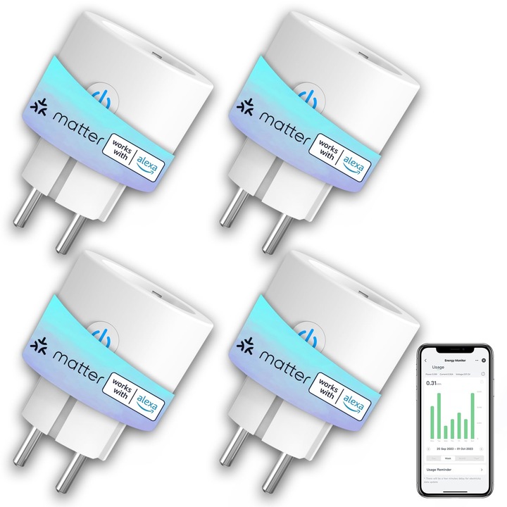 Умен контакт Wifi Matter 16A 3680W, измерване на консумацията на енергия, Antela, съвместим с Alexa, Google Home, Homekit, Smartthings, дистанционно управление чрез приложение, защита от пренапрежение, 2.4Ghz, 4 броя
