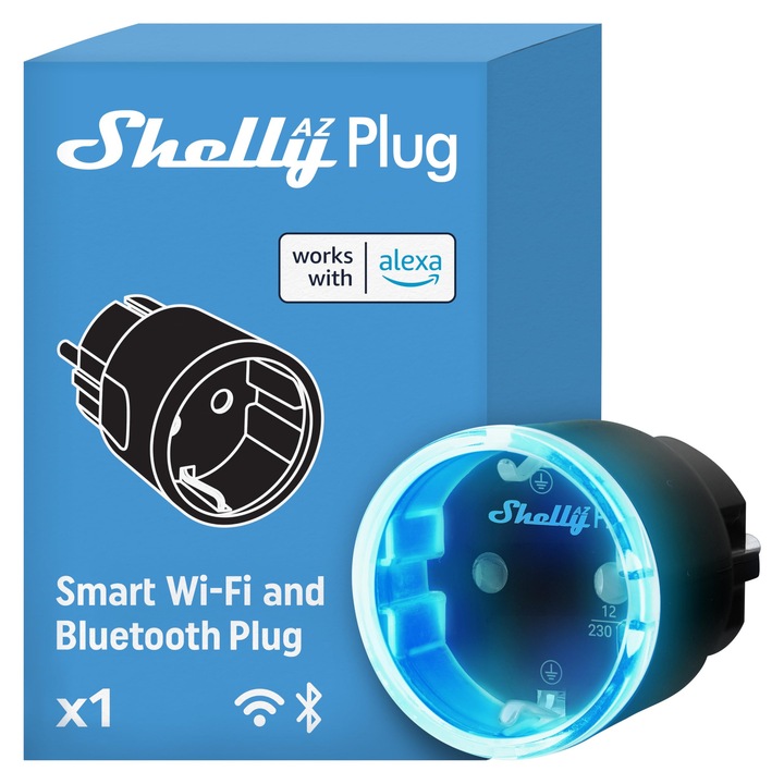Shelly Az Plug Черен, Умен контакт, захранван от Wi-Fi и Bluetooth, Измерване на енергия, 12 A, 2500 W, Настройка без разочарование, Съвместим с Alexa, Не е необходим Hub, Мониторинг на устройството, Дистанционно управление