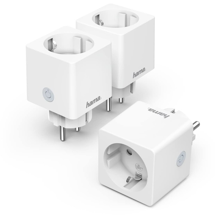 Hama Advanced Wlan Socket, пакет от 3, мини щепсел, (умен контакт без хъб, Wifi контакт за гласово управление и чрез приложение, например за домашно кино, подова лампа, вентилатор, 3680W, 16A) бял