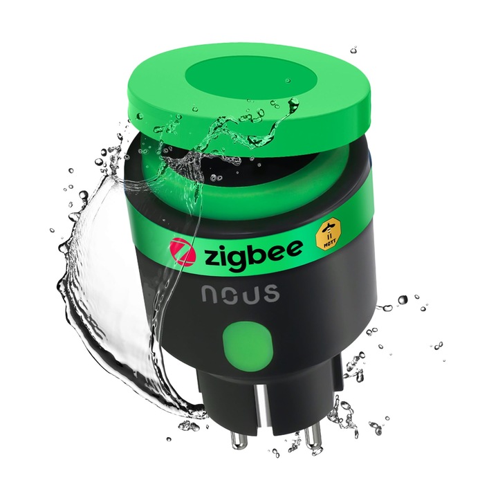 Nous Zigbee Socket, Външен интелигентен контакт IP44, Интелигентен контакт с измервател на консумация, Съвместим с аксесоари на Alexa, Устройства за интелигентен дом, Google Home, Smart Life, 2Mqtt, 16A