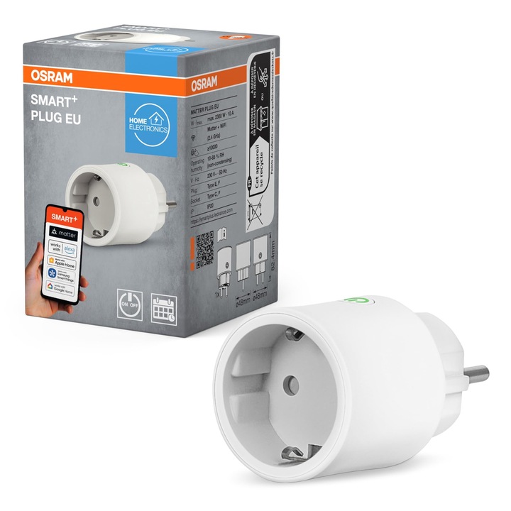 Умен контакт Osram Smart+ с Matter през Wifi, разработен за Alexa – лесна настройка с едно щракване, интегрира конвенционални устройства с мощност до 2300 W в умния дом, пакет от 1