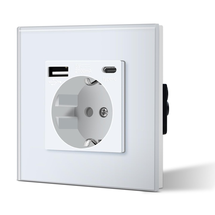 Контакт Bseed Schuko, стъклена рамка, 3 в 1, вграден, 16 A, 1-посочен, с 2.1 A USB зареждане и адаптер тип C, станция за зареждане, лесен монтаж, изисква 3 проводника, бял