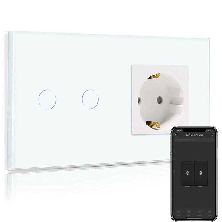 Стандартен контакт Bseed 16A с Wifi Smart Switch, Стъклен Smart Wall Switch, Съвместим с Alexa и Google Home, Само в 2.4Ghz мрежа, 2 канала, 1-посочен, Бял (Необходим е неутрален проводник)