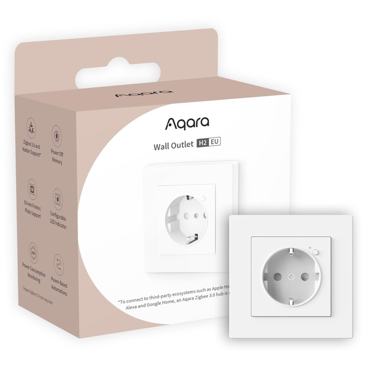 Aqara H2 Eu Zigbee 3.0 стенен контакт, изисква Aqara Hub, 16A, мониторинг на енергията и защита на захранването, режим на таймер и гласово управление, съвместим с Homekit, Alexa, Google Home, Matter Over Bridge