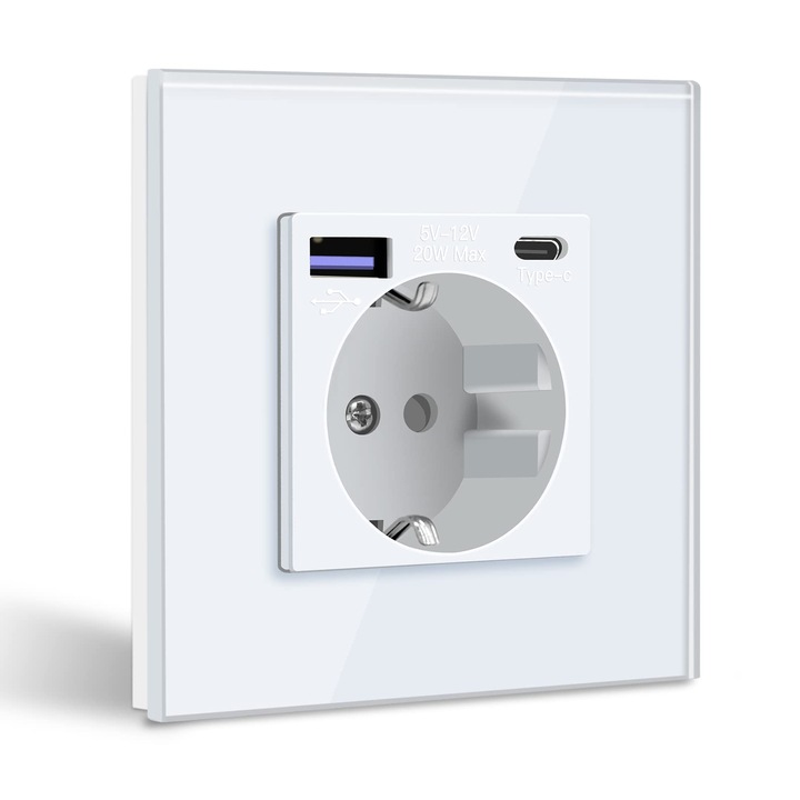 Контакт Bseed Schuko с 20W USB C бързо зарядно, USB Type C стенен контакт със стъклен панел, вграден USB контакт, вграден контакт, подходящ за телефон, таблет, MP3 и много други - бял
