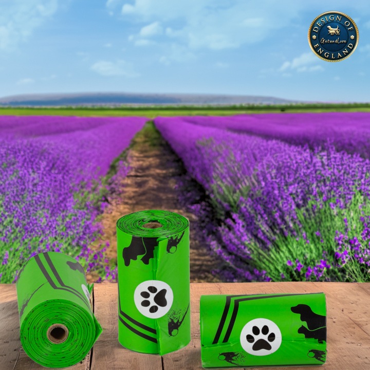 Pungi biodegradabile si compostabile pentru excremente de caine GetandLove – cu parfum de lavanda, certificate TUV „OK Compost HOME”, 16 role, 320 de pungi, 23*33 cm
