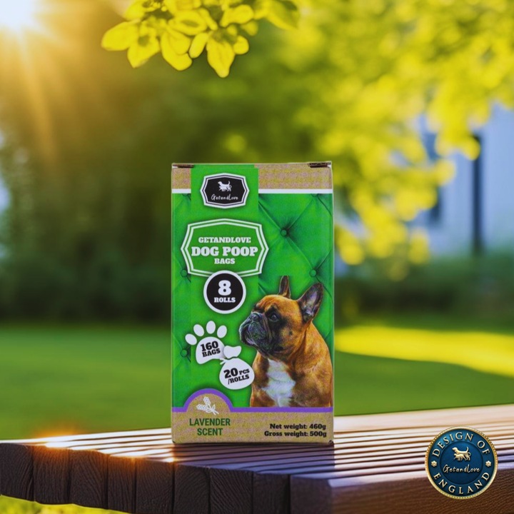 Pungi biodegradabile si compostabile pentru excremente de caine GetandLove – cu parfum de lavanda, certificate TUV „OK Compost HOME”, 8 role, 160 de pungi, 23*33 cm