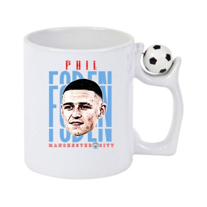 Cana cu fotbalistul Daniel Podence-Olympiacos, Cri-Flo, Ceramica, 330ml. Minge rotativa antistres, Maner si interior Alb/Negru