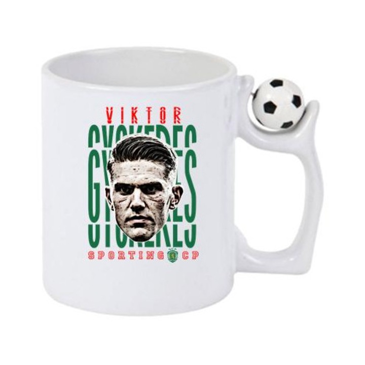 Cana cu fotbalistul Viktor Gykeres-Sporting CP, Cri-Flo, Ceramica, 330ml. Minge rotativa antistres, Maner si interior Alb/Negru
