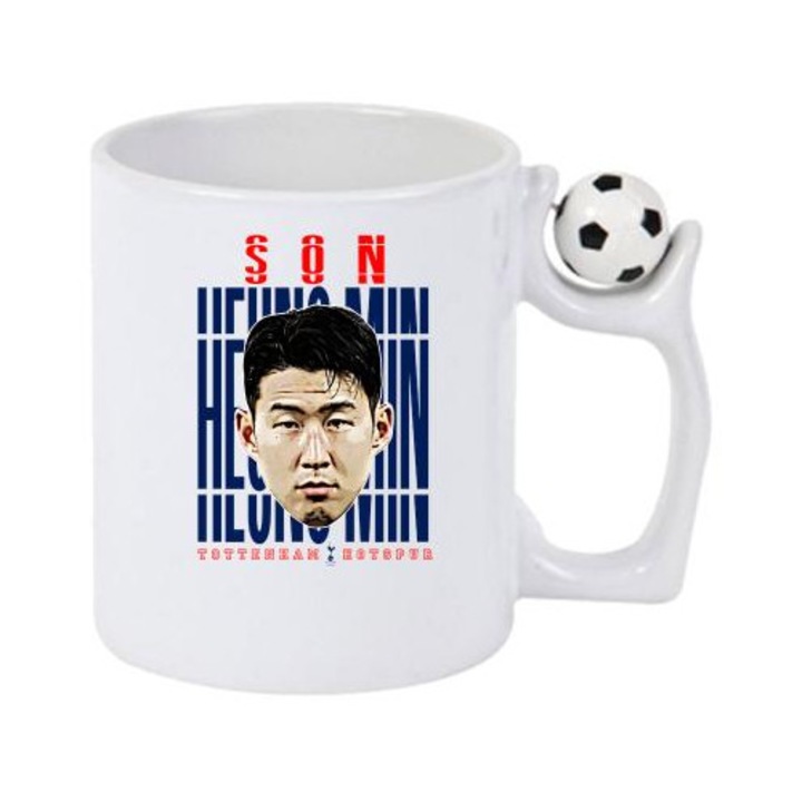 Cana cu fotbalistul Son Heung-min-Tottenham Hotspur, Cri-Flo, Ceramica, 330ml. Minge rotativa antistres, Maner si interior Alb/Negru