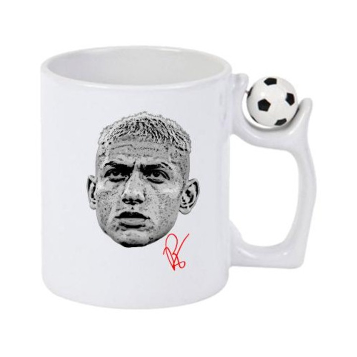 Cana cu fotbalistul Richarlison de Andrade-Tottenham Hotspur, Cri-Flo, Ceramica, 330ml. Minge rotativa antistres, Maner si interior Alb/Negru