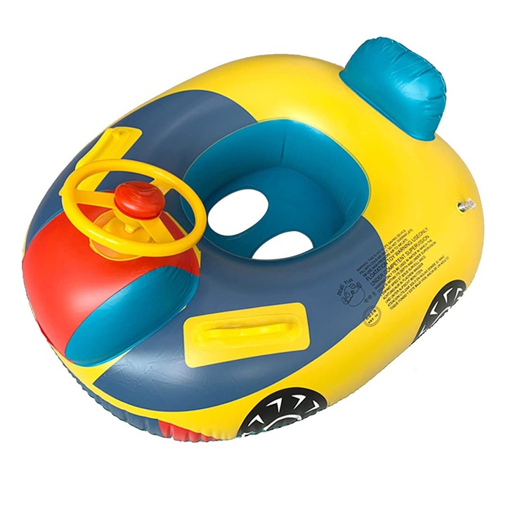 Gyerek úszógumi, BOMSTOM, autó mintával, többszínű, 72x65cm, 1-5 éves fiúknak és lányoknak, 2 fogantyúval.